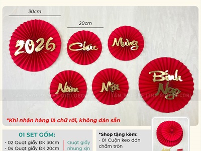 Set 06 quạt giấy Đỏ nhung xịn dán chữ Decor Tết Bính Ngọ 2026 [Nhiều kiểu - Cao cấp] QUAT-07